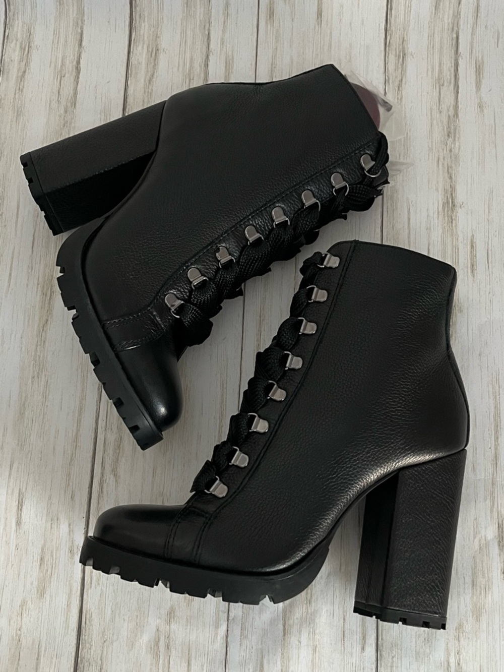 Schutz Zhara Black Leather Lace-Up Block Heel Lug Sole Boots - Picture 9 of 11